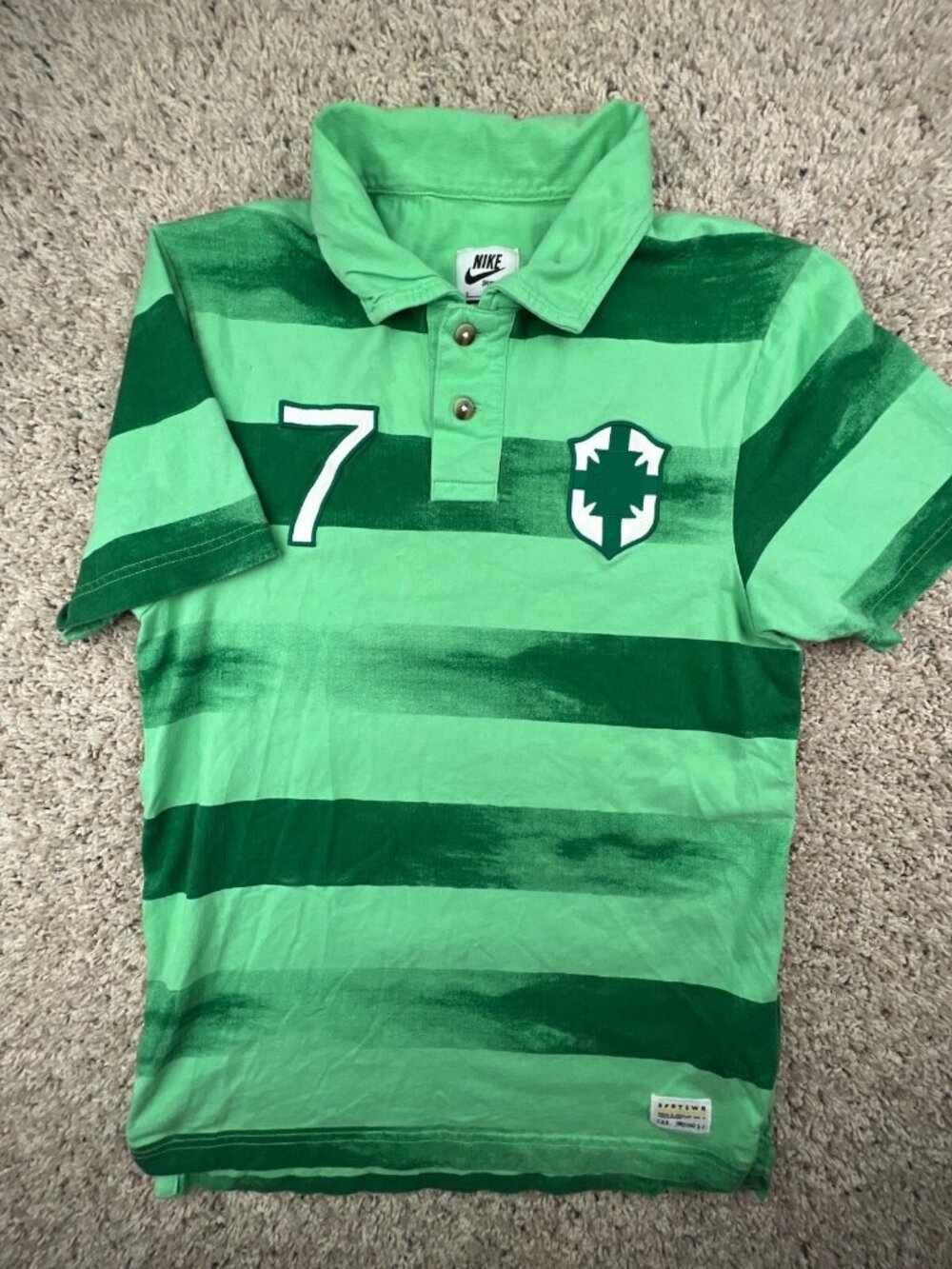 Nike Brazil Futball Polo Shirt Men Small Green Soccer #7 Striped Brazilian Sport